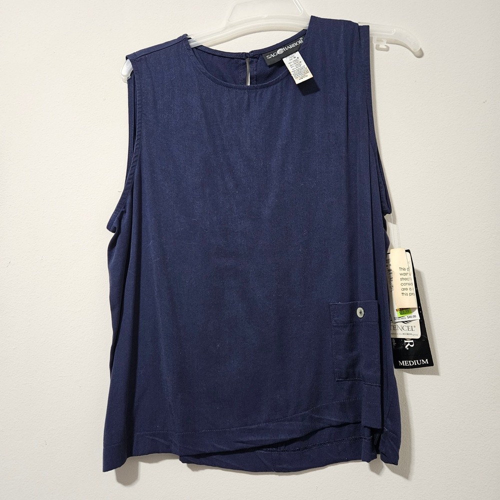 Sag Harbor Womens Navy Blue Tencel Rayon Sleeveless Pocket Top T03033 Medium NWT